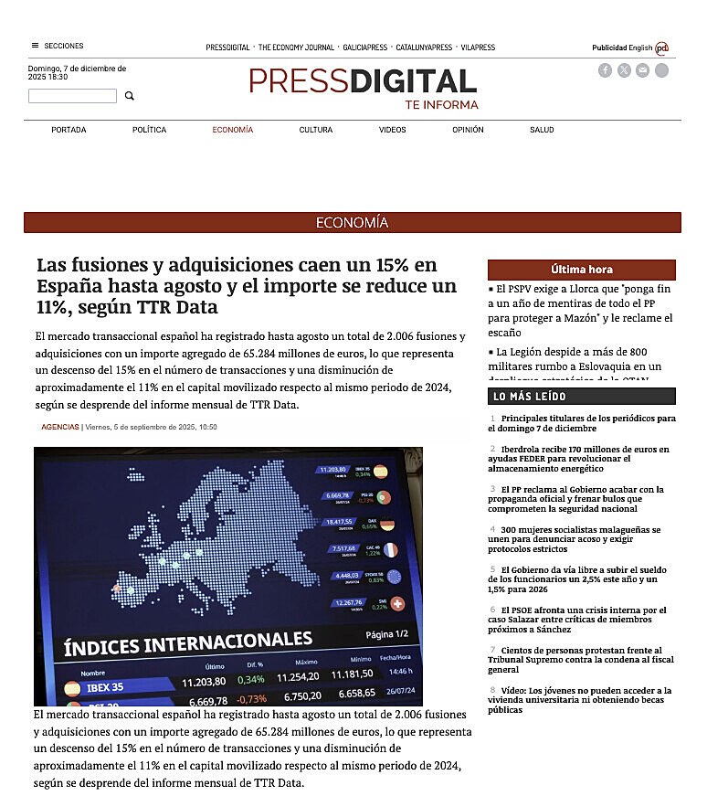 Las fusiones y adquisiciones caen un 15% en Espaa hasta agosto y el importe se reduce un 11%, segn TTR Data